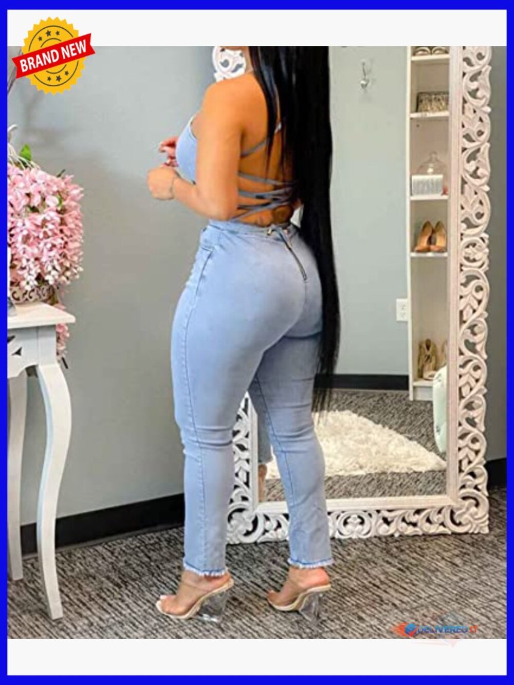 Stretchy Denim Jumpsuit Romper with Pocket Sleeveless High Waist Bodycon - Picture 6 of 6